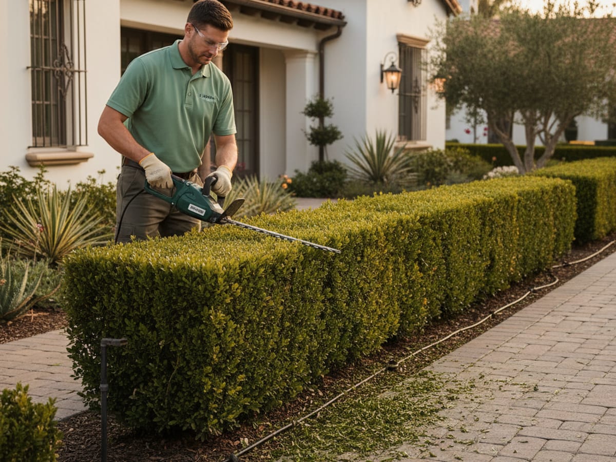 Landscaper using electric hedge trimmers to shape a boxwood hedge