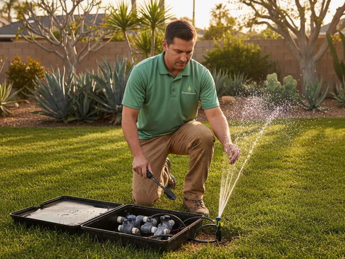 Landscaper testing a pop-up sprinkler head spraying water in a green lawn zone