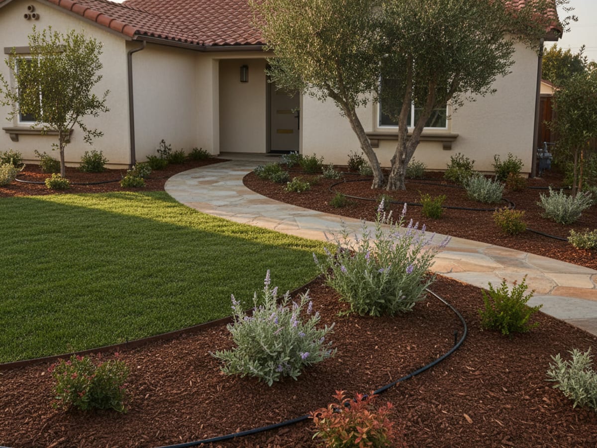 Freshly installed landscaped front yard with curved beds flagstone path and new plants