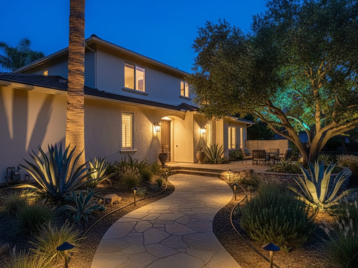 Warm white landscape uplighting on a palm tree and path lights along a walkway at a San Diego home at dusk