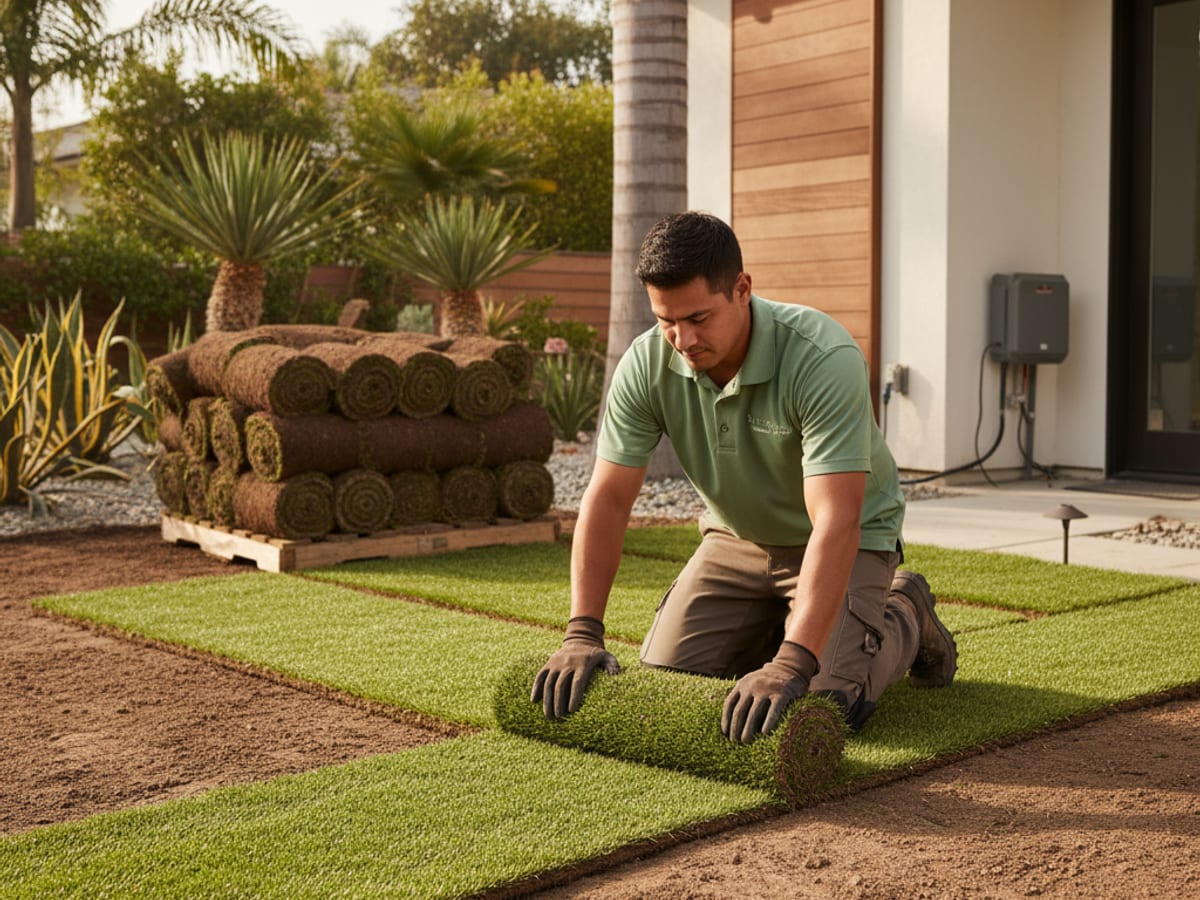 Landscaper rolling out a strip of fresh green sod on a prepared soil bed